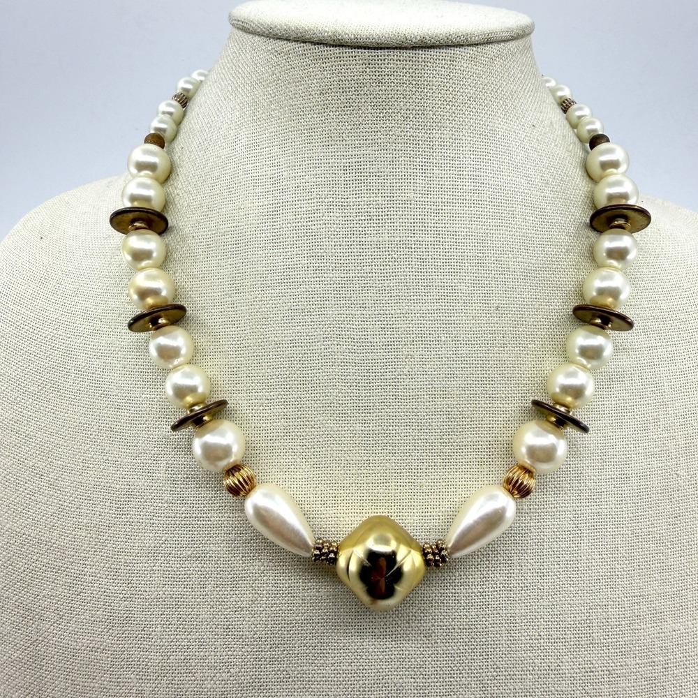 Chunky Faux Pearl Gold Tone Beaded Statement Necklace Ivory Cream Boho Gift